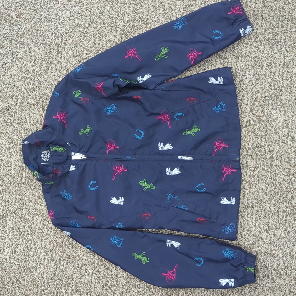 Ariat XS windbreaker with horse themed graphics navy blue multicolor